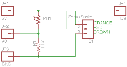 Schematic Schematic for photoresistor and servo connections